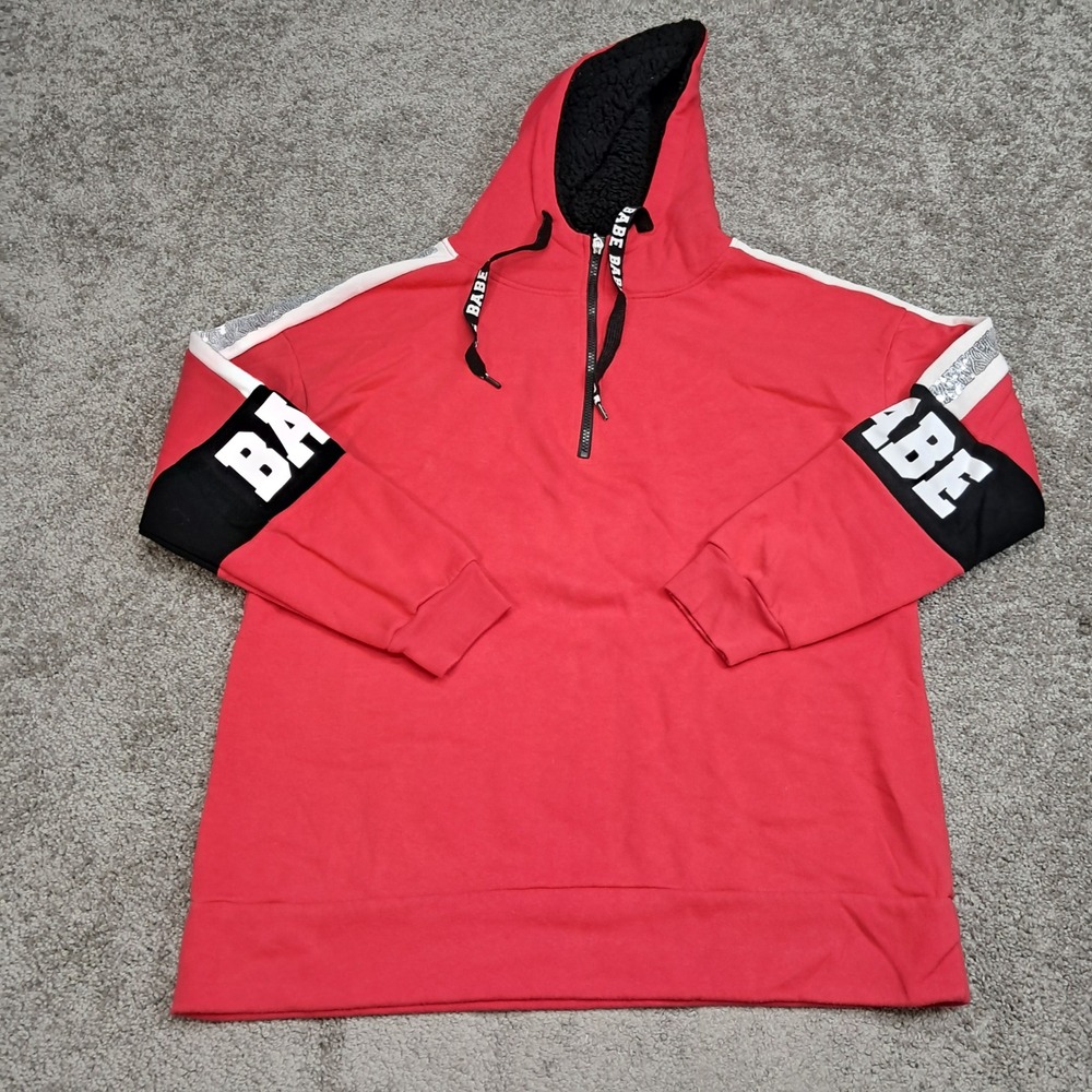 No Boundaries Red BABE Graphic Quarter Zip Hoodie Womens XL Sherpa Lined Fleece